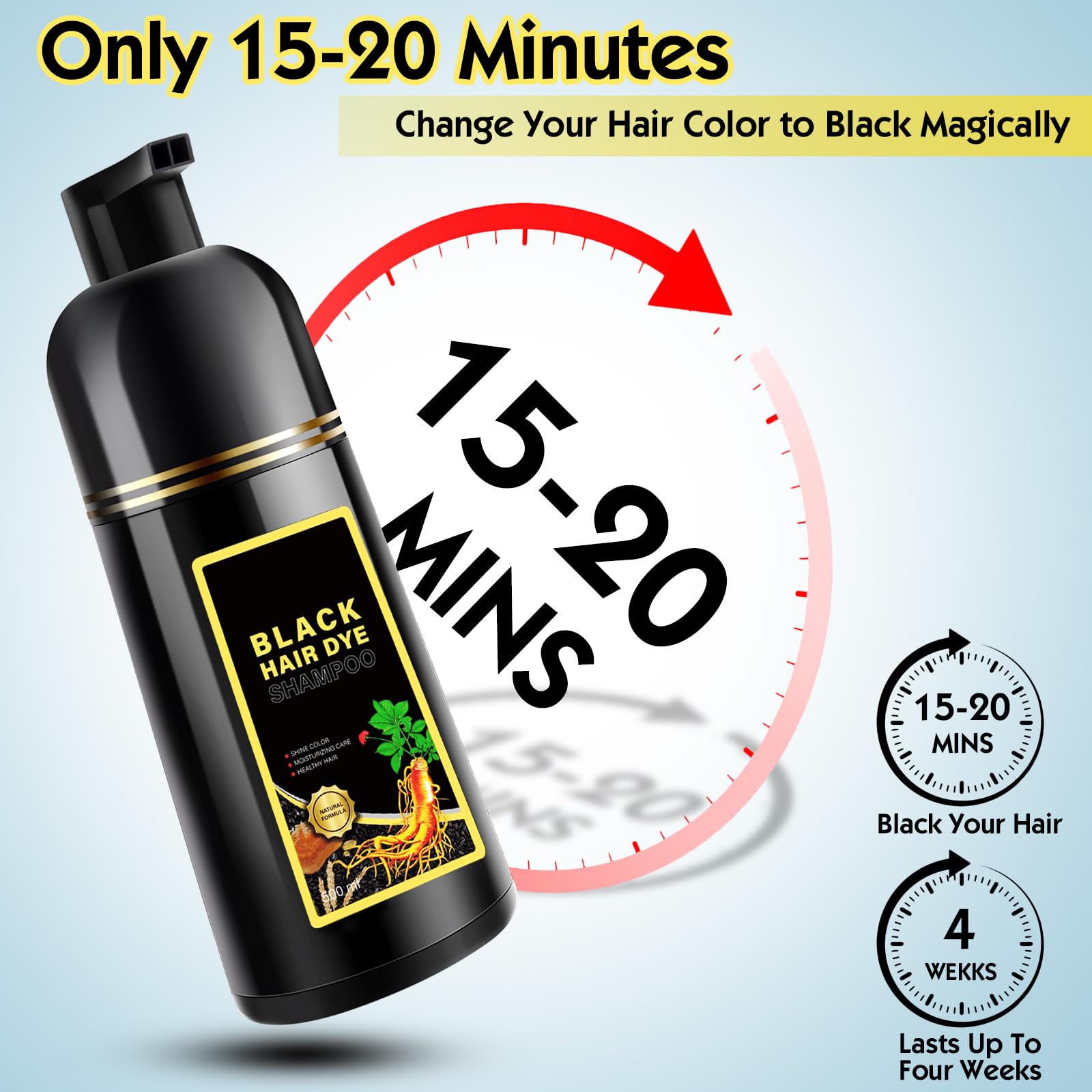 Black Hair Dye Shampoo 3 in 1, Herbal Shampoo Hair Dye for Women Men, Grey Coverage Shampoo 16.9fl oz