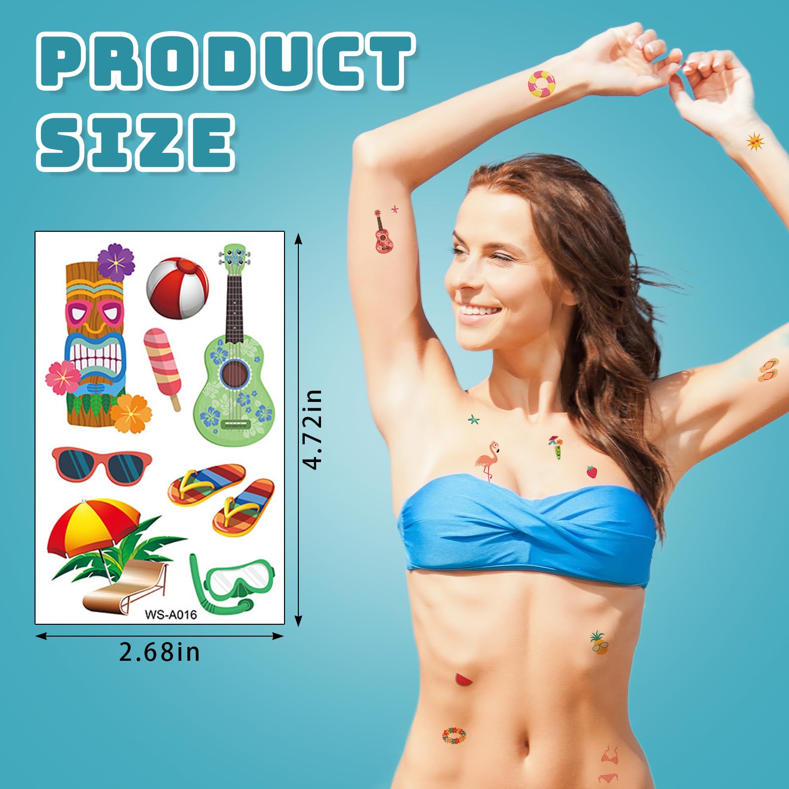 LANGFON 10 Sheet Summer Hawaii Temporary Tattoos Aloha Tropical Temporary Tattoo Sticker Waterproof Beach Hula Palm Tree Flamingo Fake Tattoo for Women Girl Birthday Summer Hawaii Party Favor Supplies