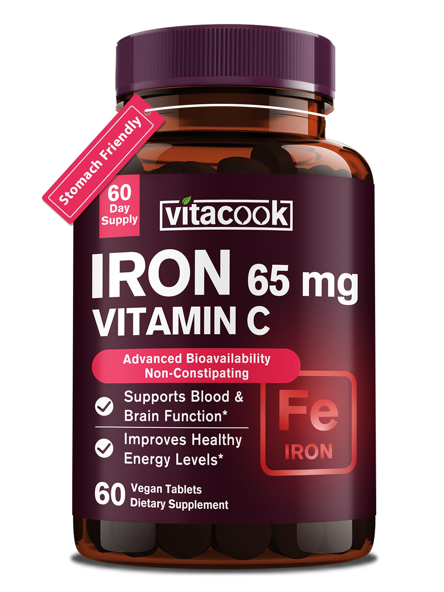 Vitacook Iron Supplement for Women Men, High Potency Iron 65mg with Vitamin C 250mg, Slow Release Stomach Friendly Iron Pills for Red Blood Cell & Immune Support, Non-GMO, Gluten Free, 60 Vegan Tabs