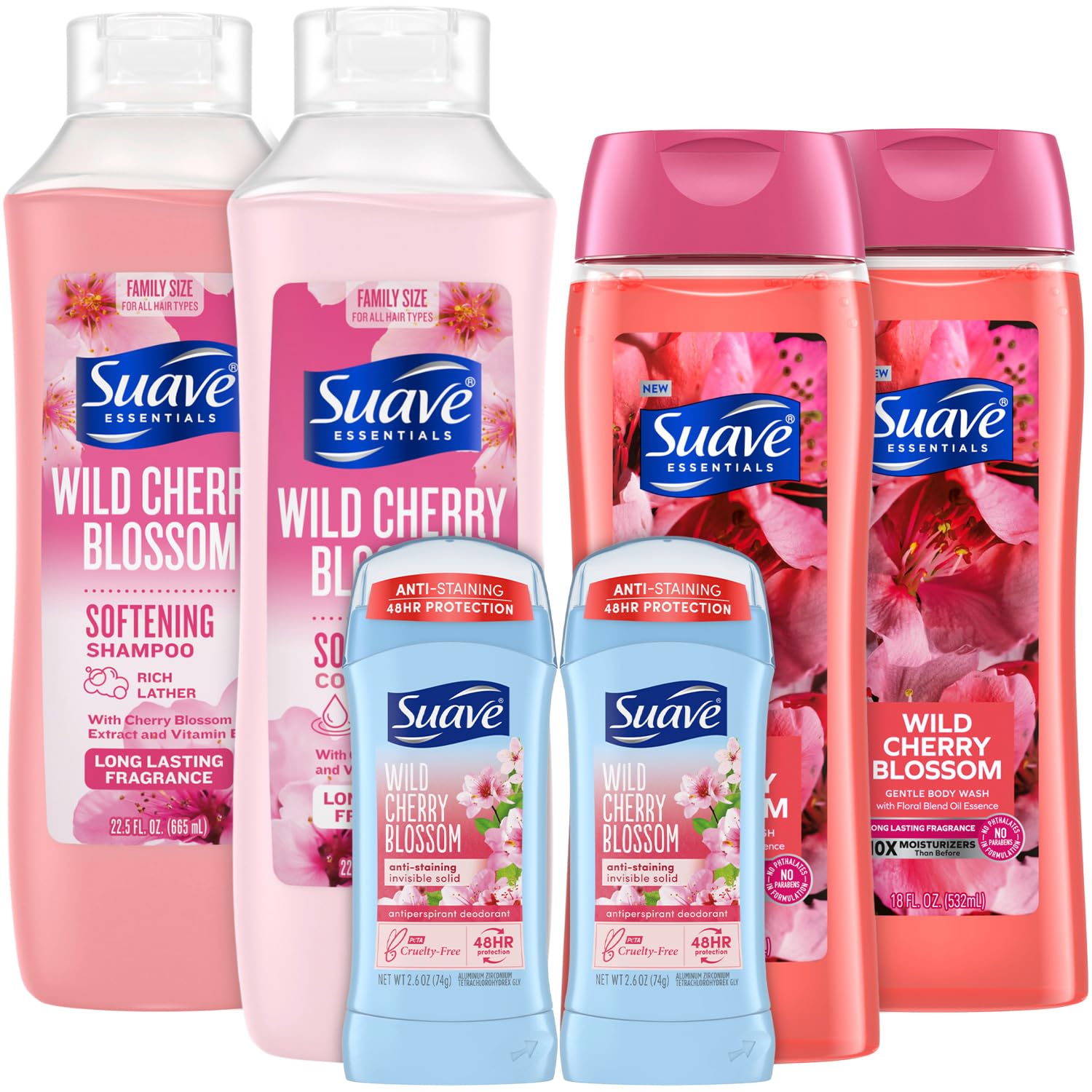 Suave Body Wash 2-Pack, Shampoo & Conditioner + Antiperspirant Deodorant 2-Pack, Wild Cherry Blossom Bundle (6 Piece Set)