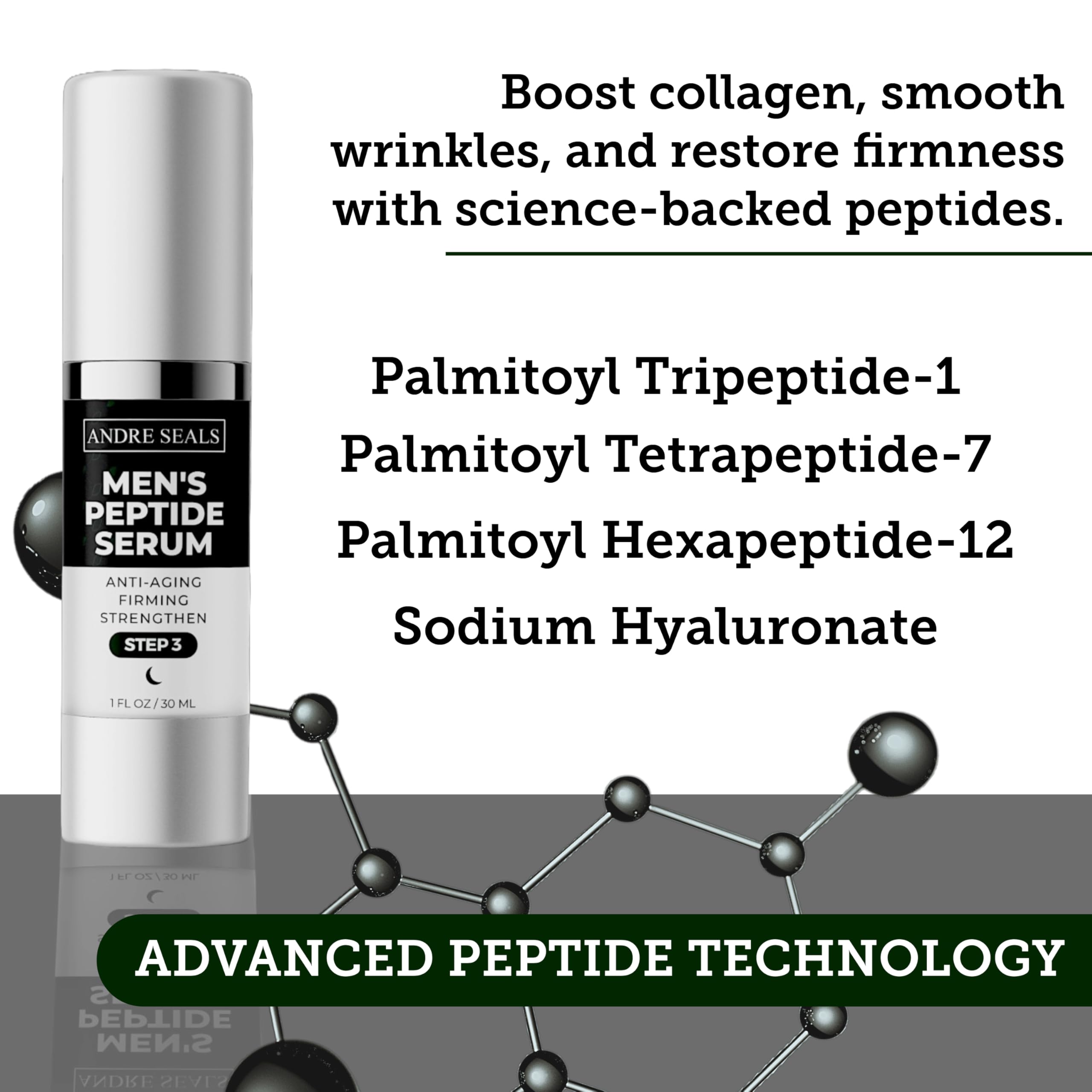 Andre Seals Face Serum for Men - Anti-Aging, Wrinkle Reduction & Collagen Boost with Multi-Peptide, Hyaluronic Acid, Green Tea & Vitamin E | Mens Skincare | 1oz | Night Time Face Serum