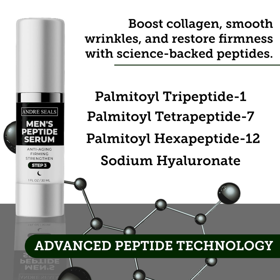 Andre Seals Face Serum for Men - Anti-Aging, Wrinkle Reduction & Collagen Boost with Multi-Peptide, Hyaluronic Acid, Green Tea & Vitamin E | Mens Skincare | 1oz | Night Time Face Serum