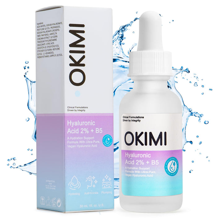 OKIMI Hyaluronic Acid 2% + B5 Hydration Support Formula 30ml with Ultra-Pure Vegan Hyaluronic Acid Serum and Vitamin B5, Face Hydrating Moisturizer, Plump and Smooth Skin, Anti-Aging