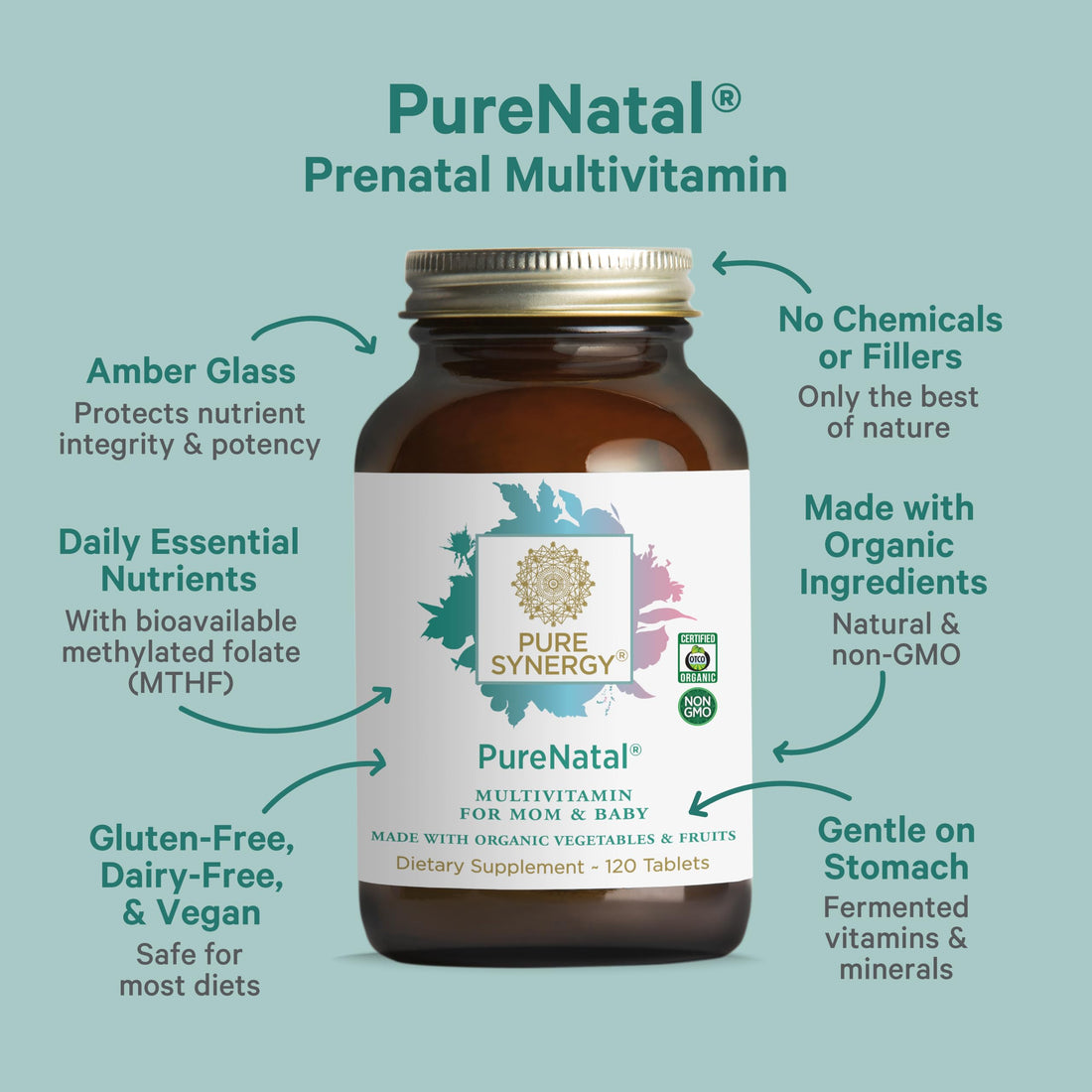 PURE SYNERGY PureNatal Prenatal Vitamins | Vegan Supplement Made with Organic Whole Foods | with Natural Iron, Folate, and Choline | for Pre-Conception, Pregnancy and Breastfeeding (120 Tablets)