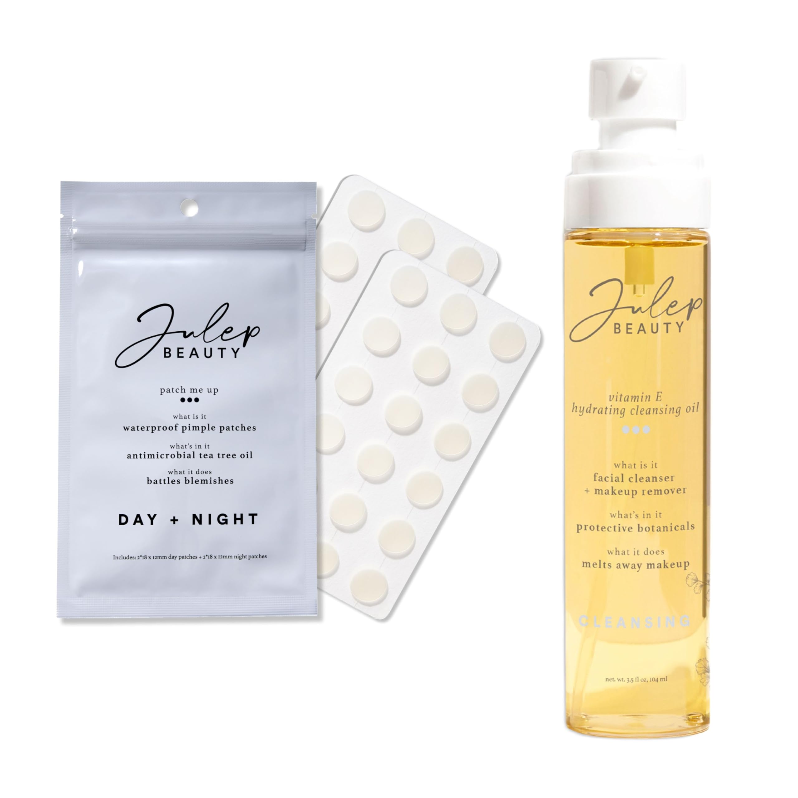 Julep Beauty Pimple Patches + Vitamin E Hydrating Cleansing Oil - Gentle Facial Cleanser Makeup Remover - Clear Acne Patches for Face