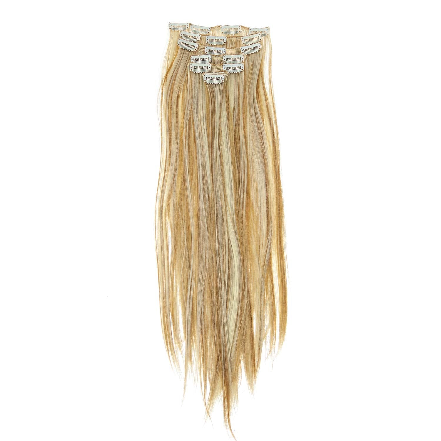 SWACC Women 22 Inches Straight Full Head 7 Separate Pieces Heat Resistance Synthetic Hair Clip in Hair Extensions (Strawberry Blonde/Bleach Blonde Highlights-27H613)