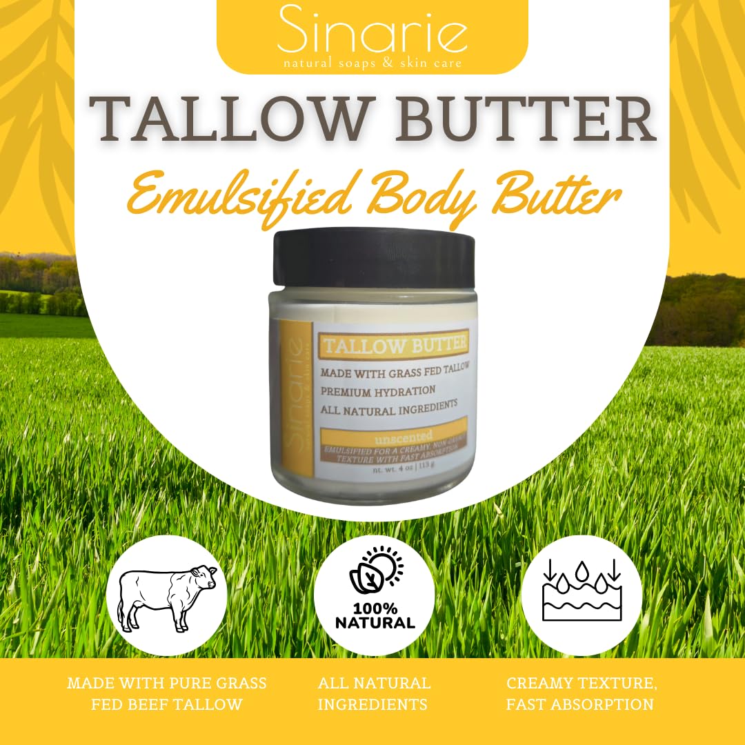 Sinarie Grass-Fed Beef Tallow Body Butter - Emulsified, Non-Greasy Moisturizer, 4 oz Soaps & Skin Care (4 oz., Unscented)