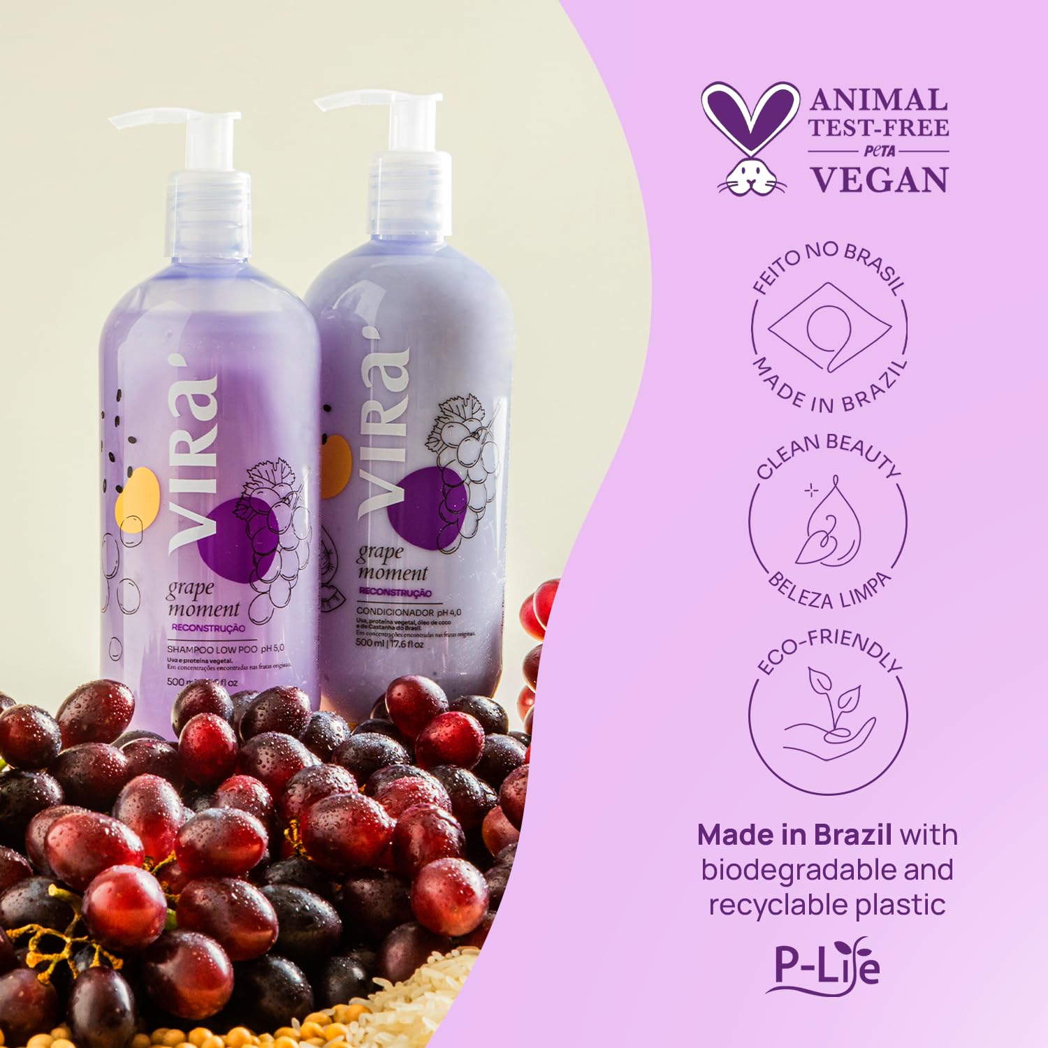 VIRÁ Brazilian Shampoo and Conditioner Set, Parabens Free, Damage Repair & Reconstruction, Anti-Frizz, Color Treated Hair, Triple Hydration, Grape Moment 17.6 Fl Oz Each