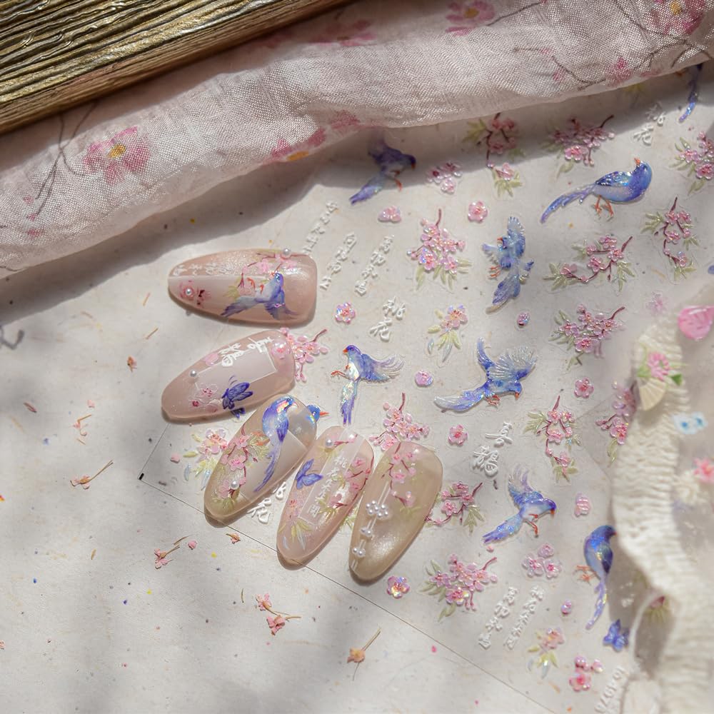 2Sheets Decorative Nail Art Stickers, Blue Birds and Pink Flowers Design, Holographic Vase Pattern (Vases Flowers)