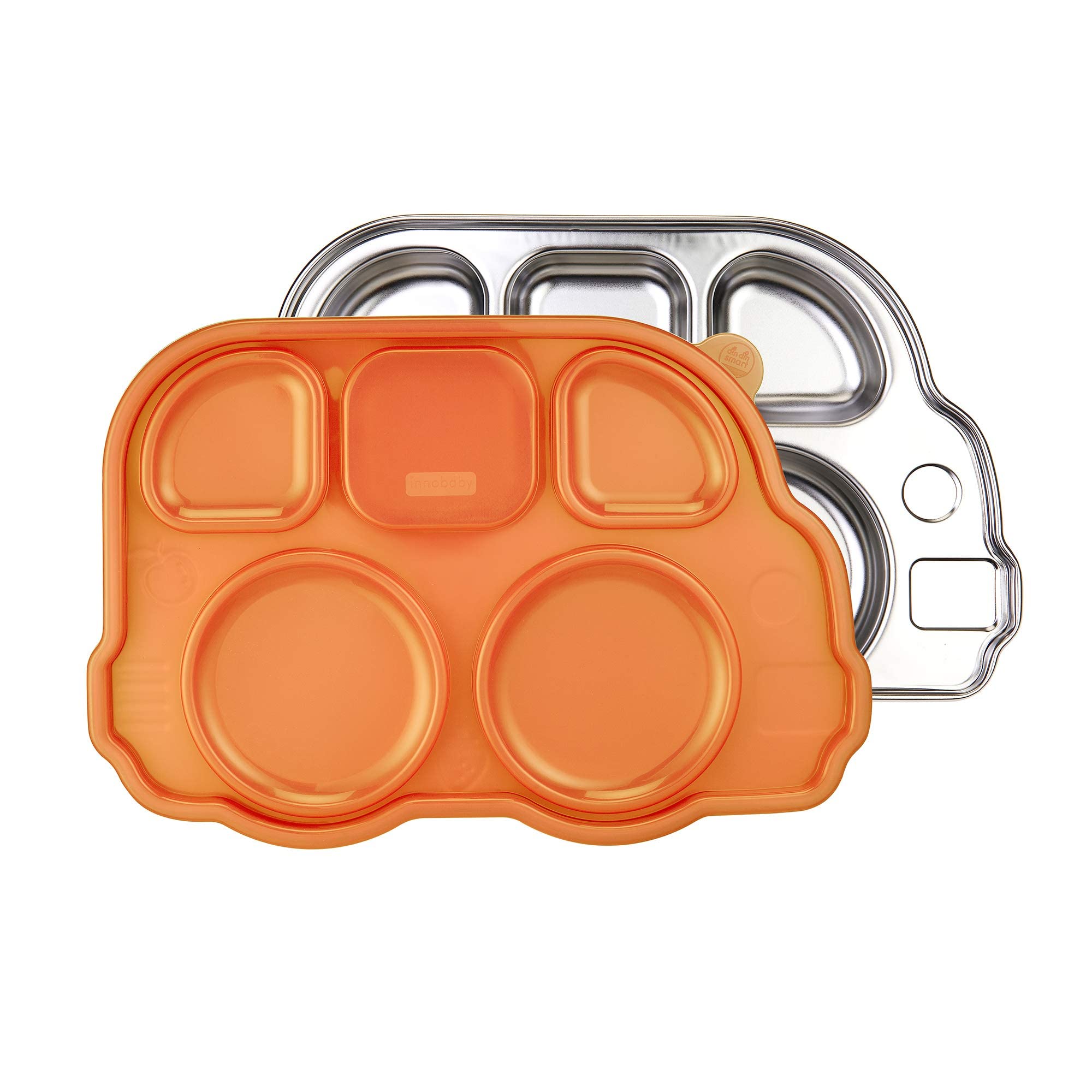 Innobaby Stainless Bus Plate with Airtight Sectional Lid, The Original, Leak-Resistant Divided Platter, Mom Invented Fun Shape Plate Din Din SMART for Babies, Toddlers and Kids, BPA Free Plate