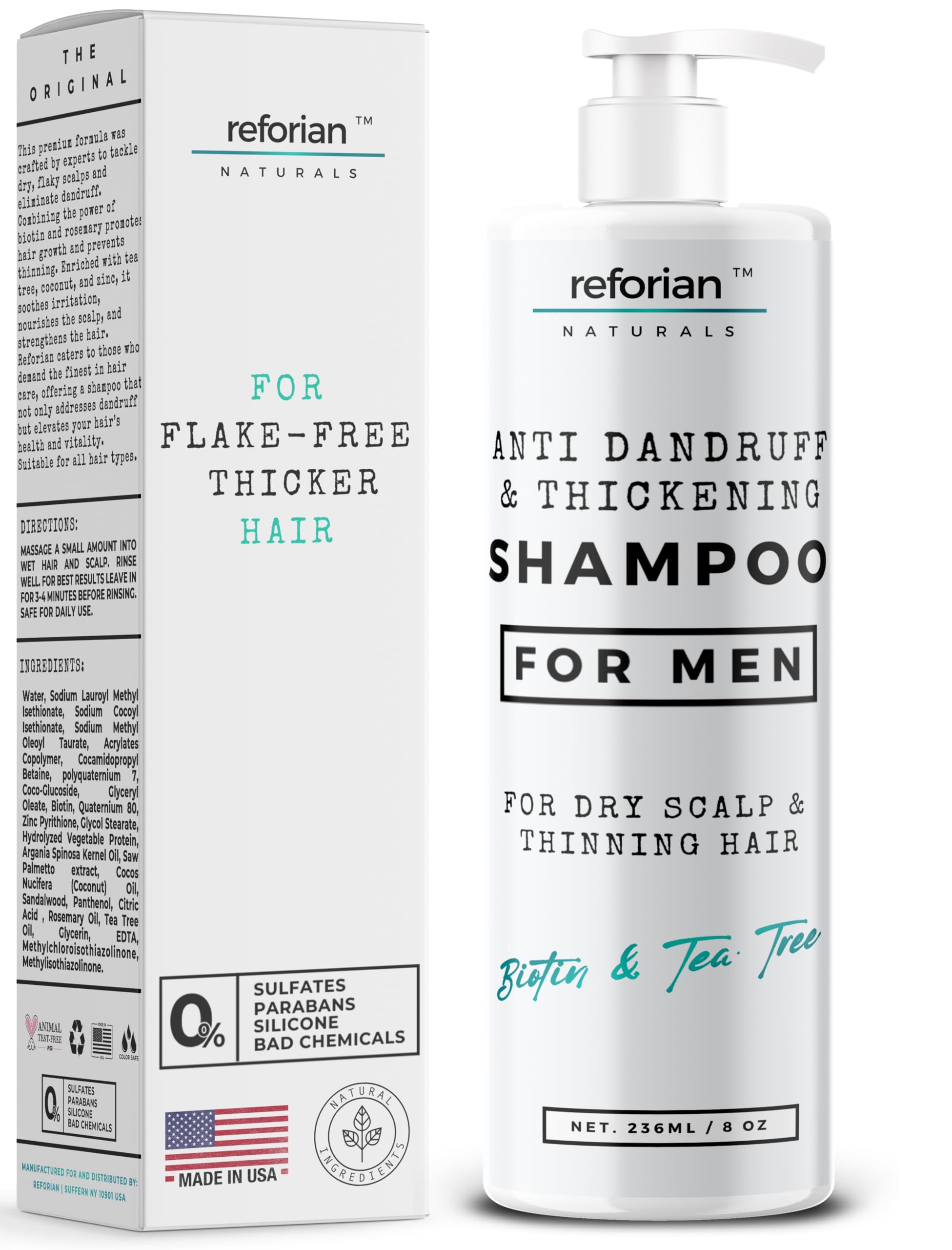 REFORIAN Anti Dandruff Shampoo for Men Tea Tree Oil Shampoo for Dandruff Treatment Natural Zinc Shampoo for Thinning Hair Thickening Shampoo for Men Hair Loss Mens Biotin Shampoo