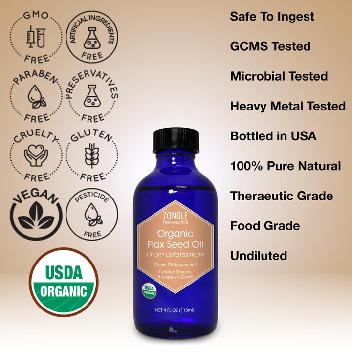 Organic, Flaxseed Oil, Liquid, Supplement, for Cooking, Hair – 100% Pure, Flaxseed Oil, by Zongle Therapeutics, 4 OZ