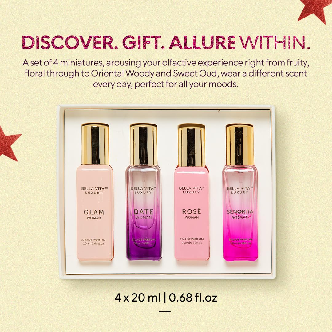 BellaVita Luxury Perfumes for Women Set (4x20ml) | Woman Perfume with DATE, SENORITA, GLAM & ROSE | Vanilla Perfume with Floral Sweet & Musk | Arabian Perfume for Women | Cologne & Perfume Gift Set