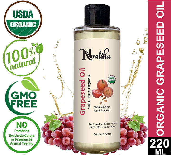 Nualoha Organic Grape Seed Oil, 100% Pure Cold Pressed Carrier Oil For Acne Prone Skin, Hair Care, Face Cleanser, Anti-Aging Moisturizer for Wrinkles and Stretch Marks -220 ML