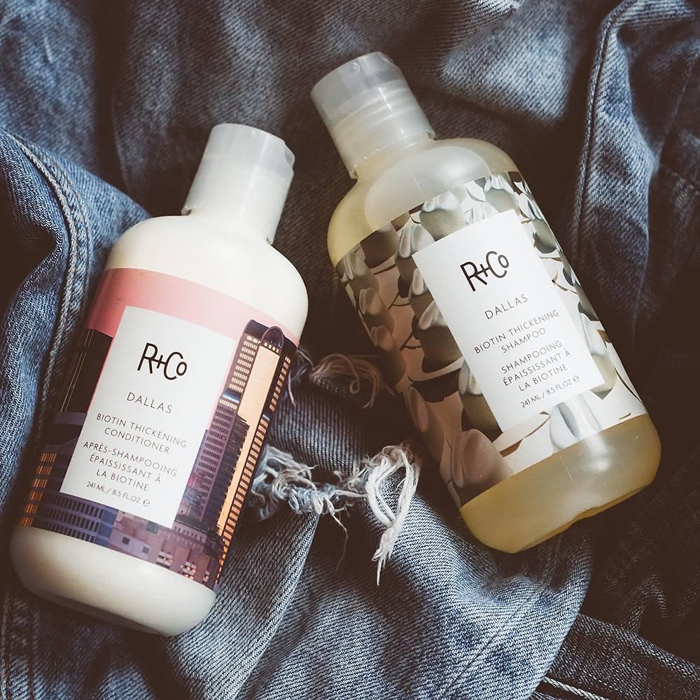 R+Co Dallas Biotin Thickening Shampoo + Conditioner + Coll Wind pH Deluxe Sample | Thickens + Nourishes + Strengthens | 2 x 8.5 Oz + .5 Oz Deluxe Sample
