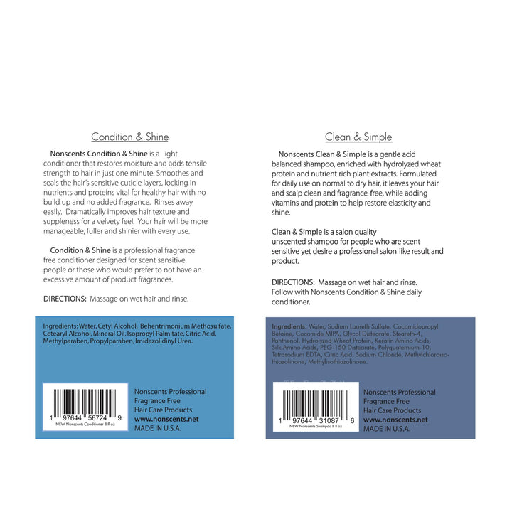 Nonscents Shampoo and Conditioner Set-Truly Unscented & Fragrance-Free. Great Lather!- No Allergy Causing Fragrances Added-Best Salon Quality- Beautifully Moisturizes= No Dry Hair!