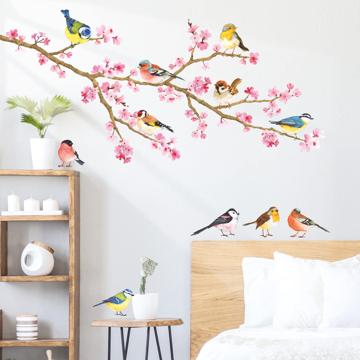DECOWALL DS4-8039 Cherry Blossom & Garden Birds Kids Wall Stickers Wall Decals Peel and Stick Removable Wall Stickers for Kids Nursery Bedroom Living Room (Small) dcor