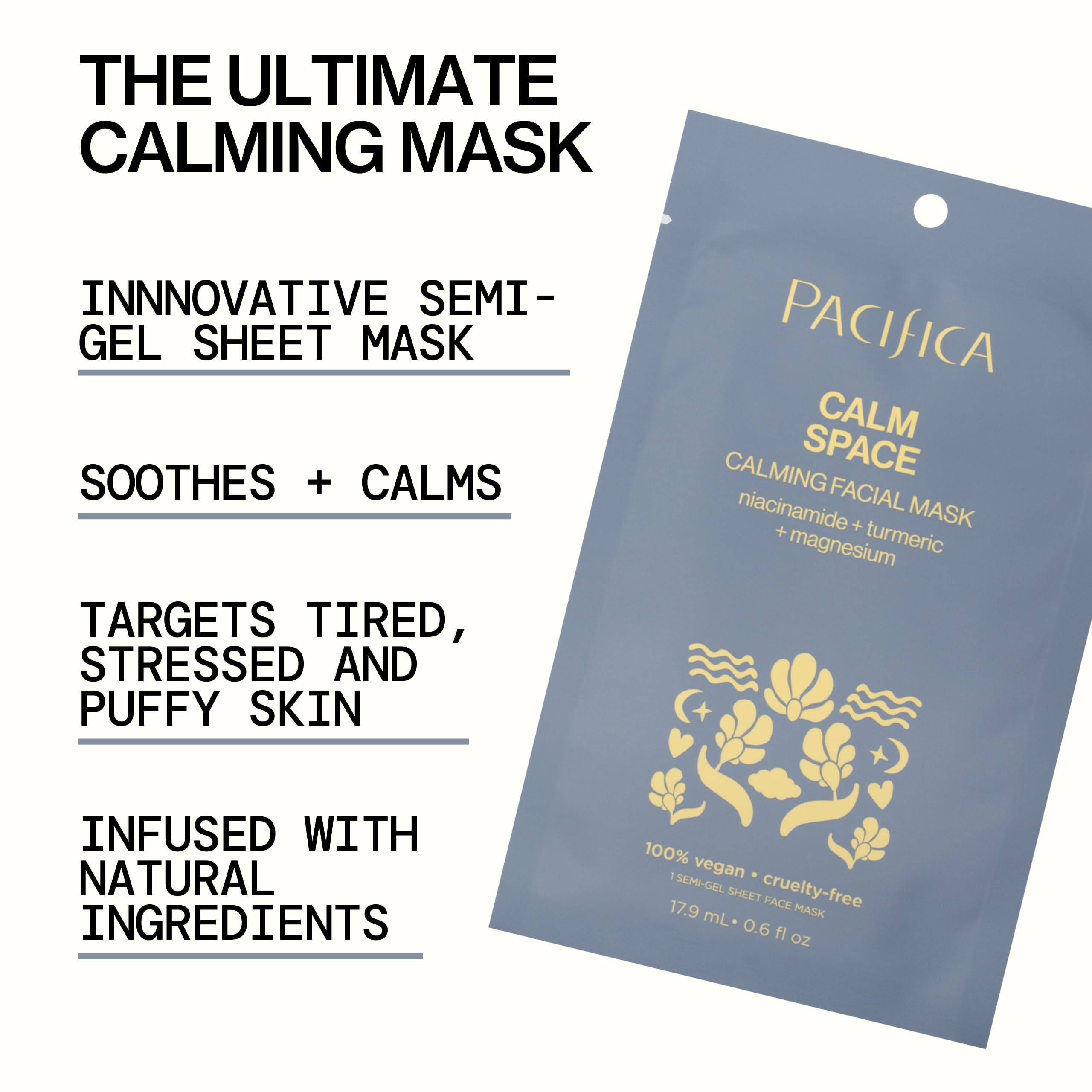 Pacifica Sheet Face Mask - Calm Space - Calming Facial Mask - Niacinamide & Turmeric Soothing Face Mask for Irritated Skin Clean Beauty Vegan & Cruelty-Free Dermatologist Tested