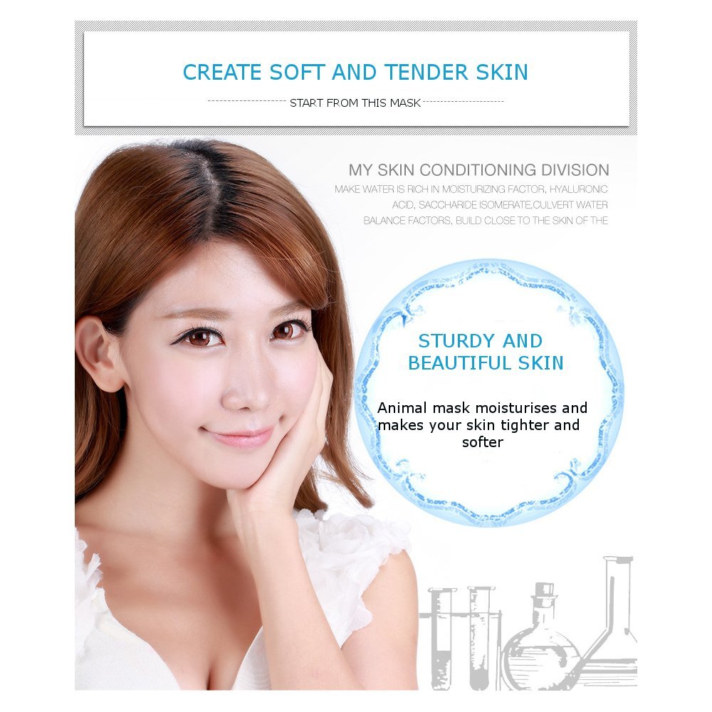Moisturizing Face Mask Sheet Enriched with Natural Serum for Radiant and Nourished Skin. At Home Spa Facial with Fun Animal Characters: Panda, Tiger, Sheep, Dog (4 Sheets Variety Pack)