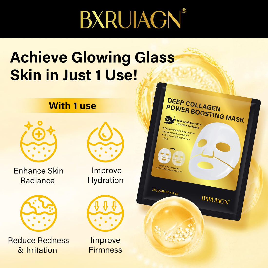 BXRUIAGN Snail Mucin Face Mask,Advanced Snail 96 Mucin Power Essence,Glass Glow Hydrogel Face Masks,Korean Skin Care,Travel Essentials (4pcs)