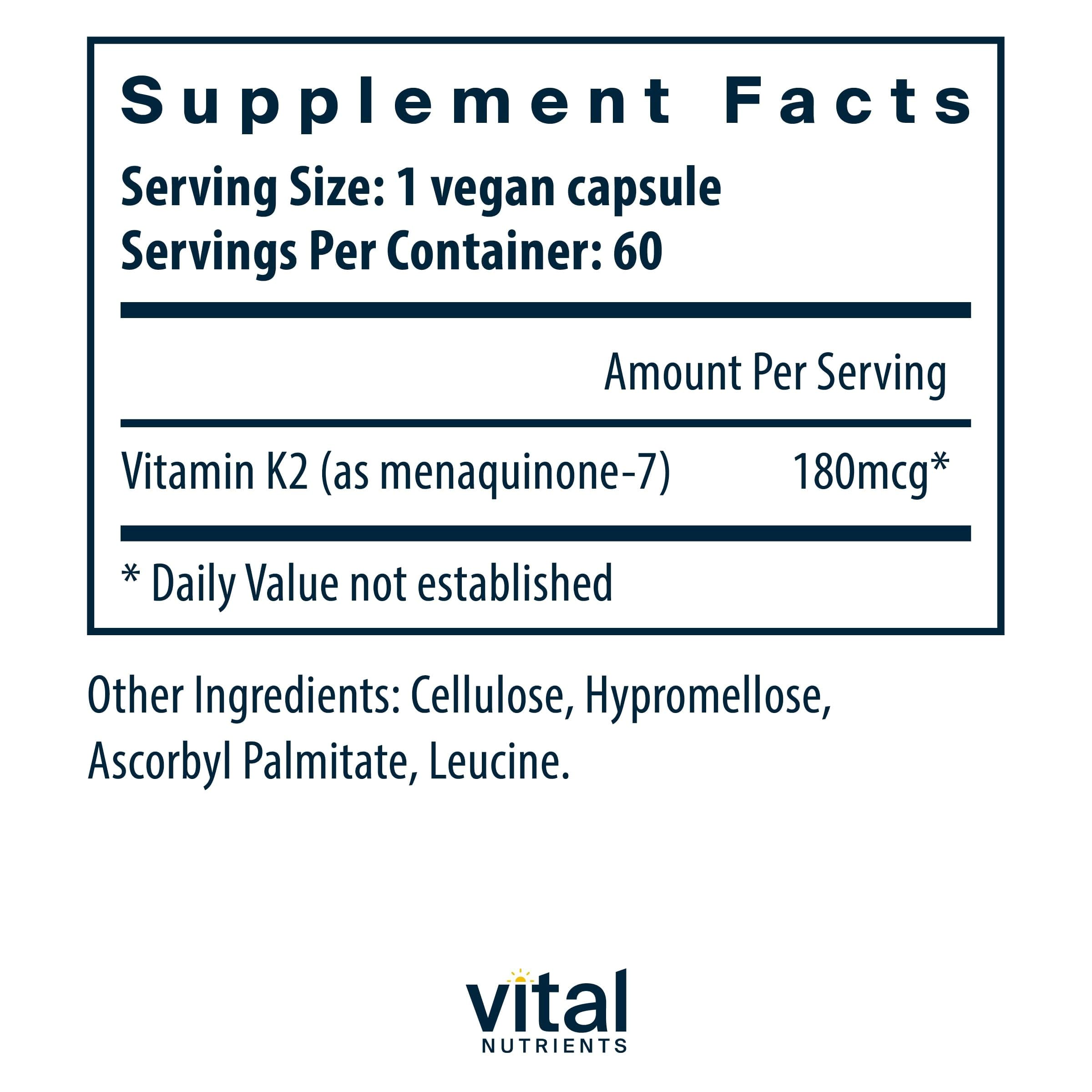 Vital Nutrients Vitamin K2-7 | Promotes Cardiovascular, Heart, Bone Health* | Vitamin K2 + MK7 | Vegan Vitamin K Supplement | Gluten, Dairy, Soy Free | Non-GMO | 60 Capsules