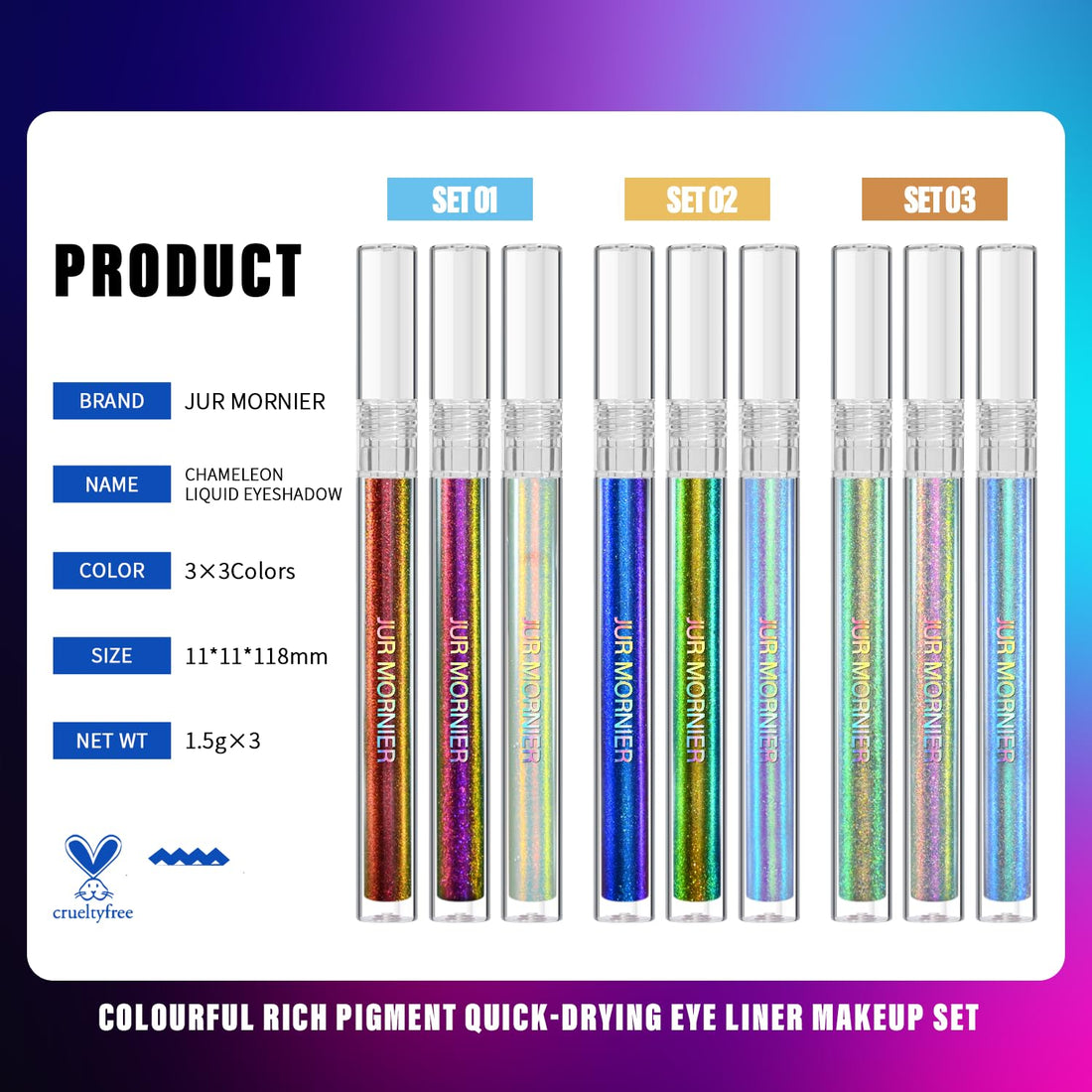 JUR MORNIER Multichrome Liquid Eyeshadow Set,3 Colors Multi-Dimensional Eye Liner Makeup,High Pigment Waterproof Metallic Eyeshadow,Ultre Fine Tip Glitter Eyeshadow (101+102+103)