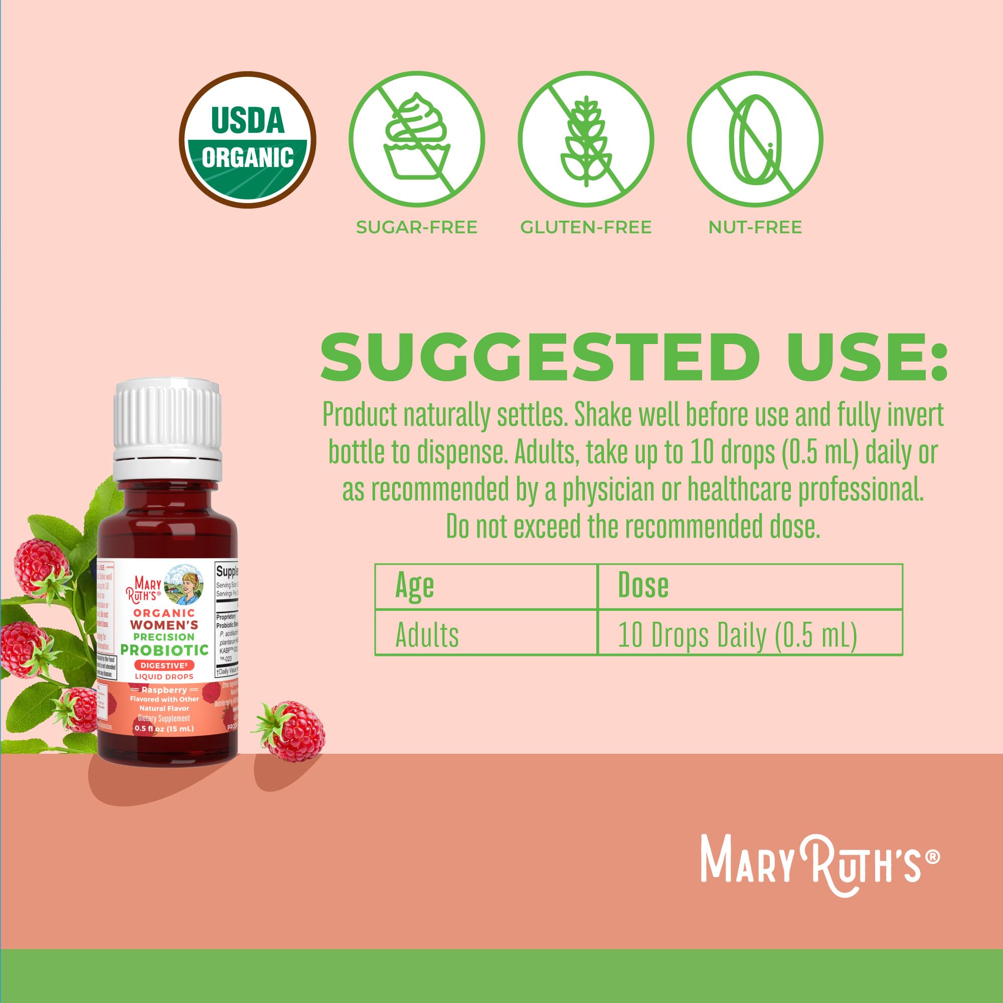 MaryRuth Organics USDA Organic Womens Probiotic Liquid Drops for Digestive Health | Targeted Support for Women | Four Probiotic Blend | Women's Wellness | Dairy Free | 30 Servings