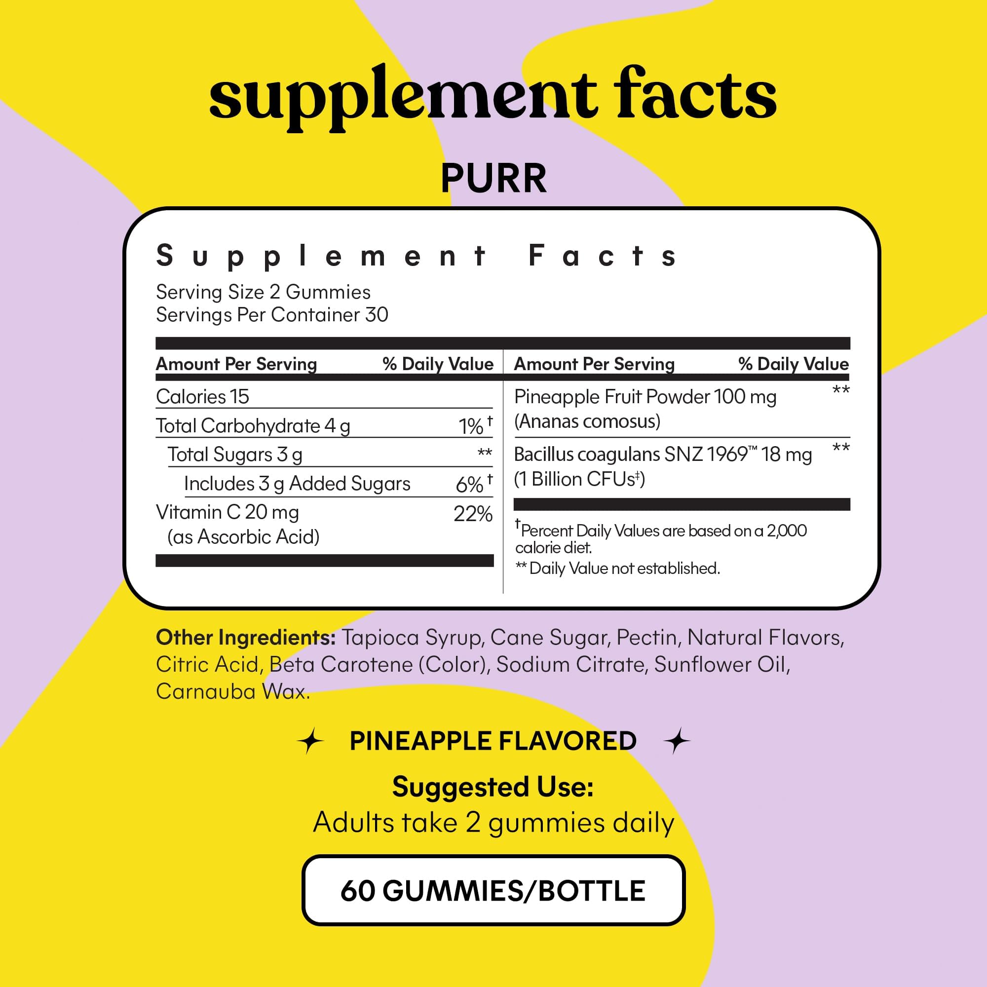 Lemme Purr Vaginal Probiotic Gummies for Women - Balanced pH, Healthy Odor, Yeast Balance & Flora Support + Vitamin C for Immune Health - Tasty Pineapple (60 Count)