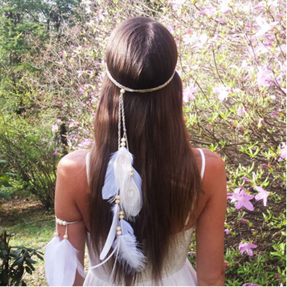 Set of 2 White Bohemian Feather Tassels Headband with Armband Gypsy Hippie Peacock Headwear Headdress Woman Girls Favorite Hair Accessories