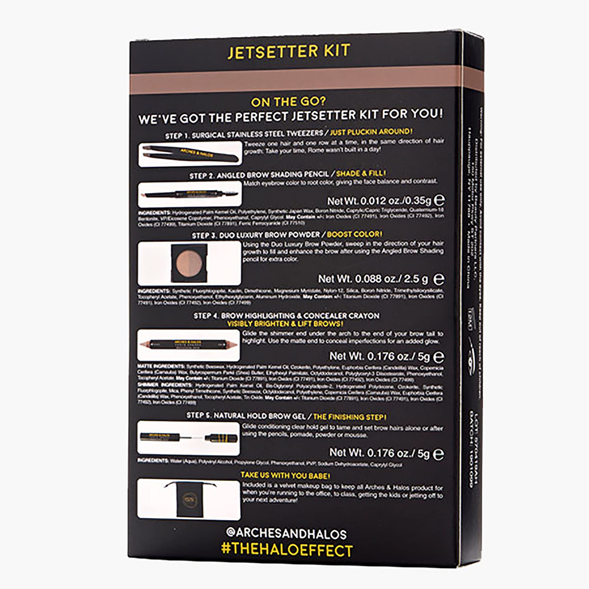 Arches & Halos - Jetsetter Brow Kit - Eyebrow Styling Makeup Kit, Pencil, Gel, Shading, Precise Brow Shaper - Hypoallergenic, Vegan - 6 Pc Kit, Light