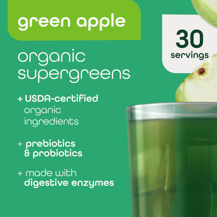 Zena Organic Super Greens Powder, 70+ Superfoods Drink Mix, 0 Sugar, 3G Fiber, Fruits, Veggies, Spirulina, Chlorella, Antioxidants, Pre & Probiotics, Digestive Enzymes, Green Apple Flavor, 30 Servings