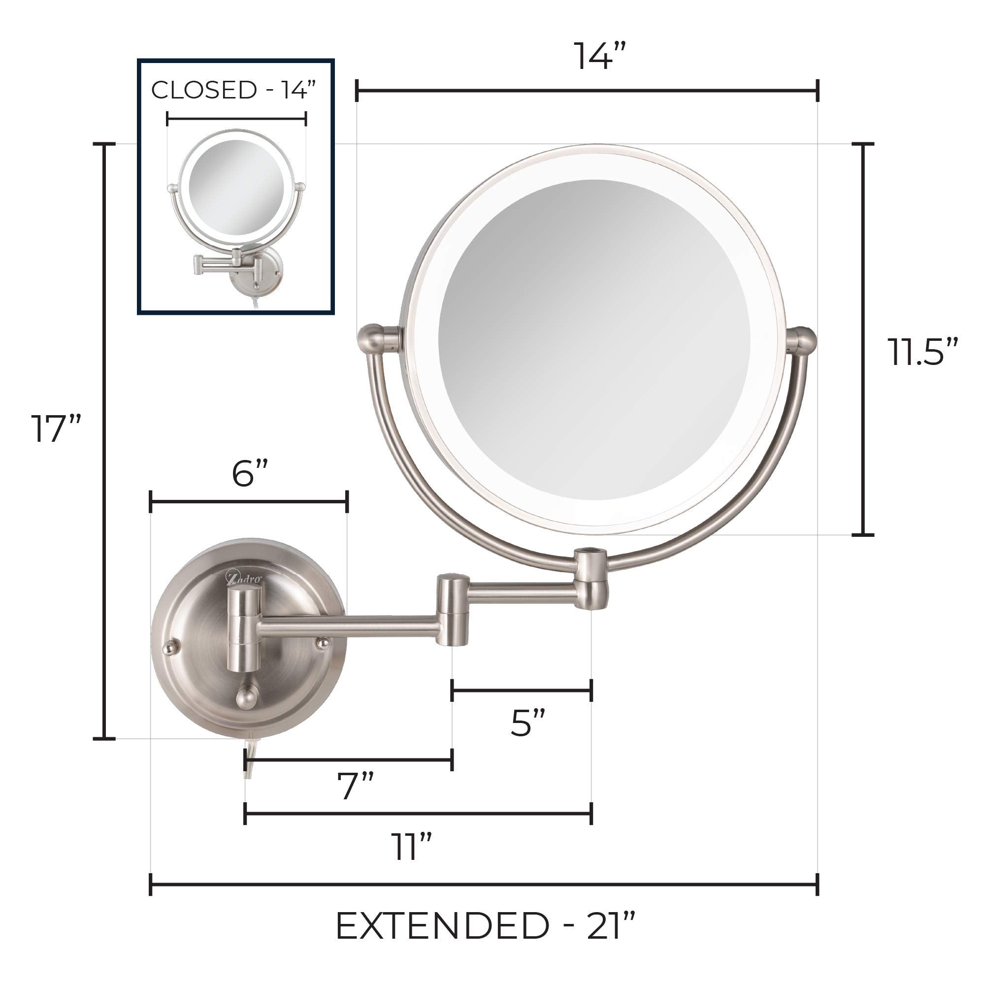 Zadro 5X Flurescent Surround Glamour Mirror Round Double Sided Dual Arm Hard Wire Ready, Satin Nickel, 14 inches