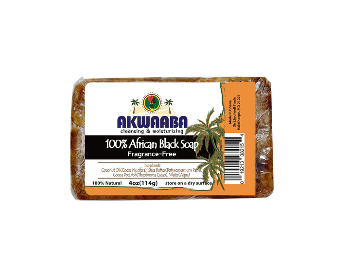 AKWAABA 100% African Black Soap(Fragrance-free) 4oz - For Body and Face | Moisturize and nourish your skin | Safe for all skin types