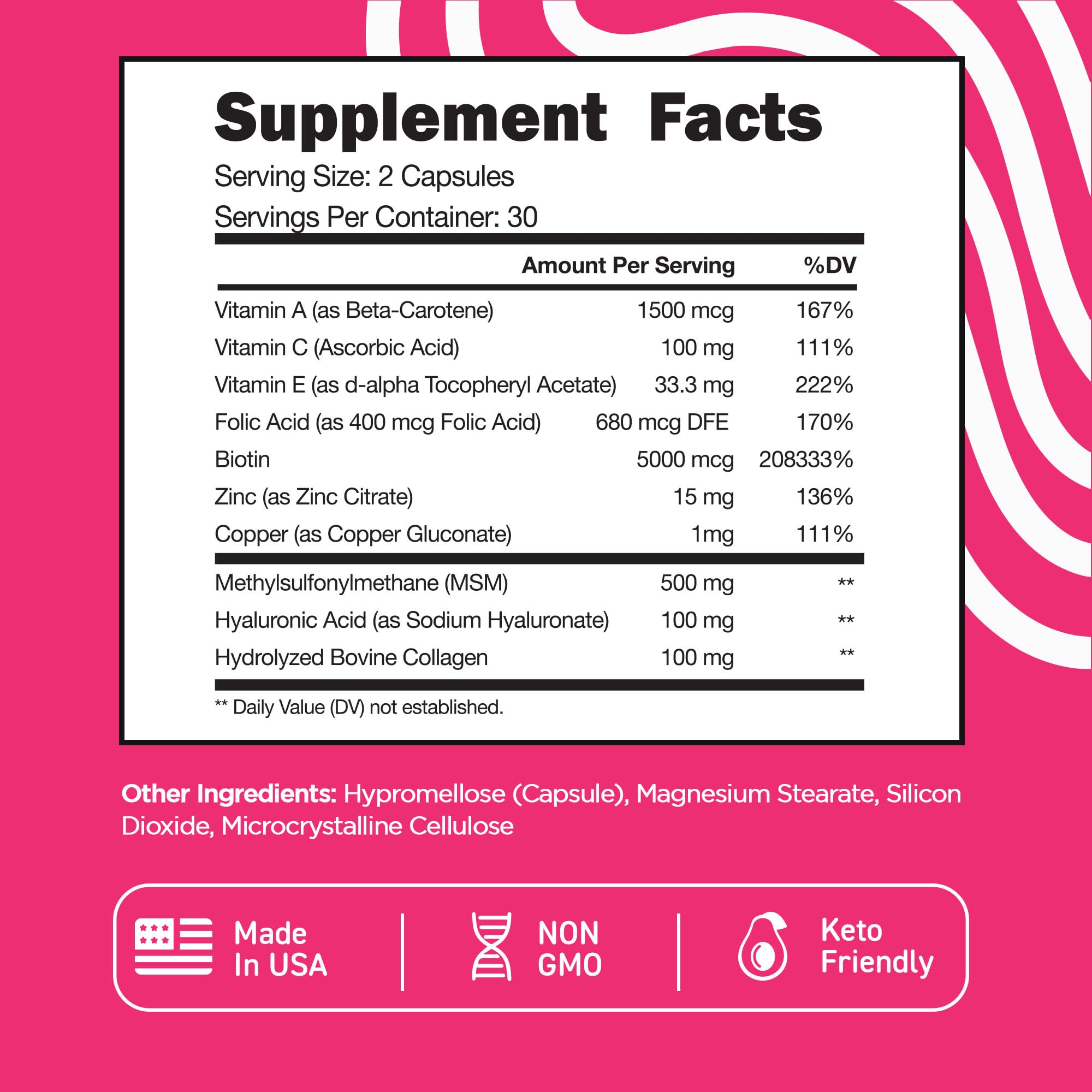 Vital Vitamins Biotin Complex Pills - with Hyaluronic Acid, MSM, Collagen, & Vitamin C - Supplement for Hair, Skin, & Nails - 60 Capsules