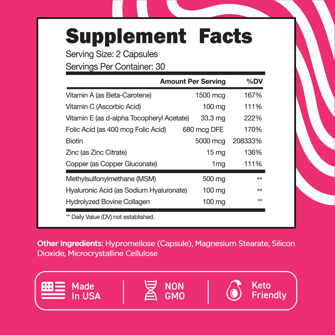 Vital Vitamins Biotin Complex Pills - with Hyaluronic Acid, MSM, Collagen, & Vitamin C - Supplement for Hair, Skin, & Nails - 60 Capsules