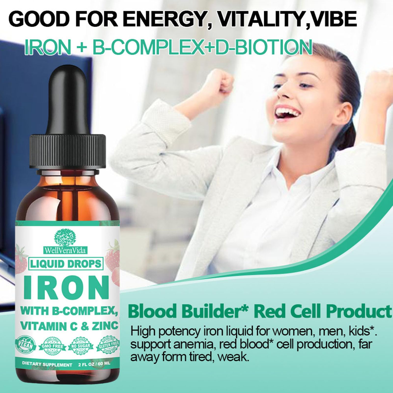 Liquid Iron Supplement w/Vitamin C, B-Complex, High Potency Iron Liquid w. Multivitamin, Vegan Iron Drops for Women, Kids, Chelate Liquid Iron Supplement for Anemia, Fatigue, Red Blood Cell Support