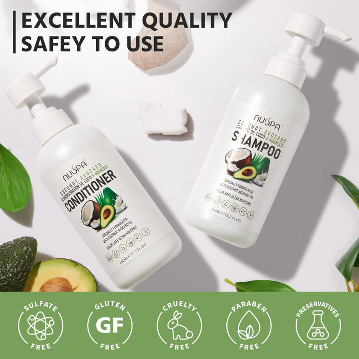 Nuspa Coconut Avocado Shampoo and Conditioner Sets,Color Safe Ultra Moisture Sulfate Free Shampoo and Conditioner pack for all hair types, Moisturizing, Nourishing, Smoothing, Locks Moisture, Natural