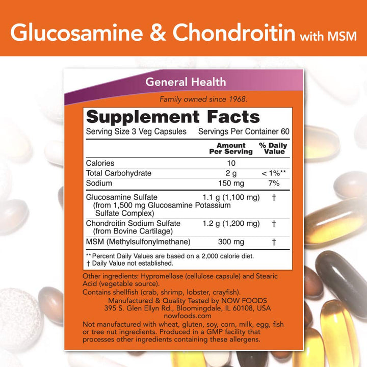 NOW Foods Supplements, Glucosamine & Chondroitin with MSM, Joint Health, Mobility and Comfort*, 180 Veg Capsules