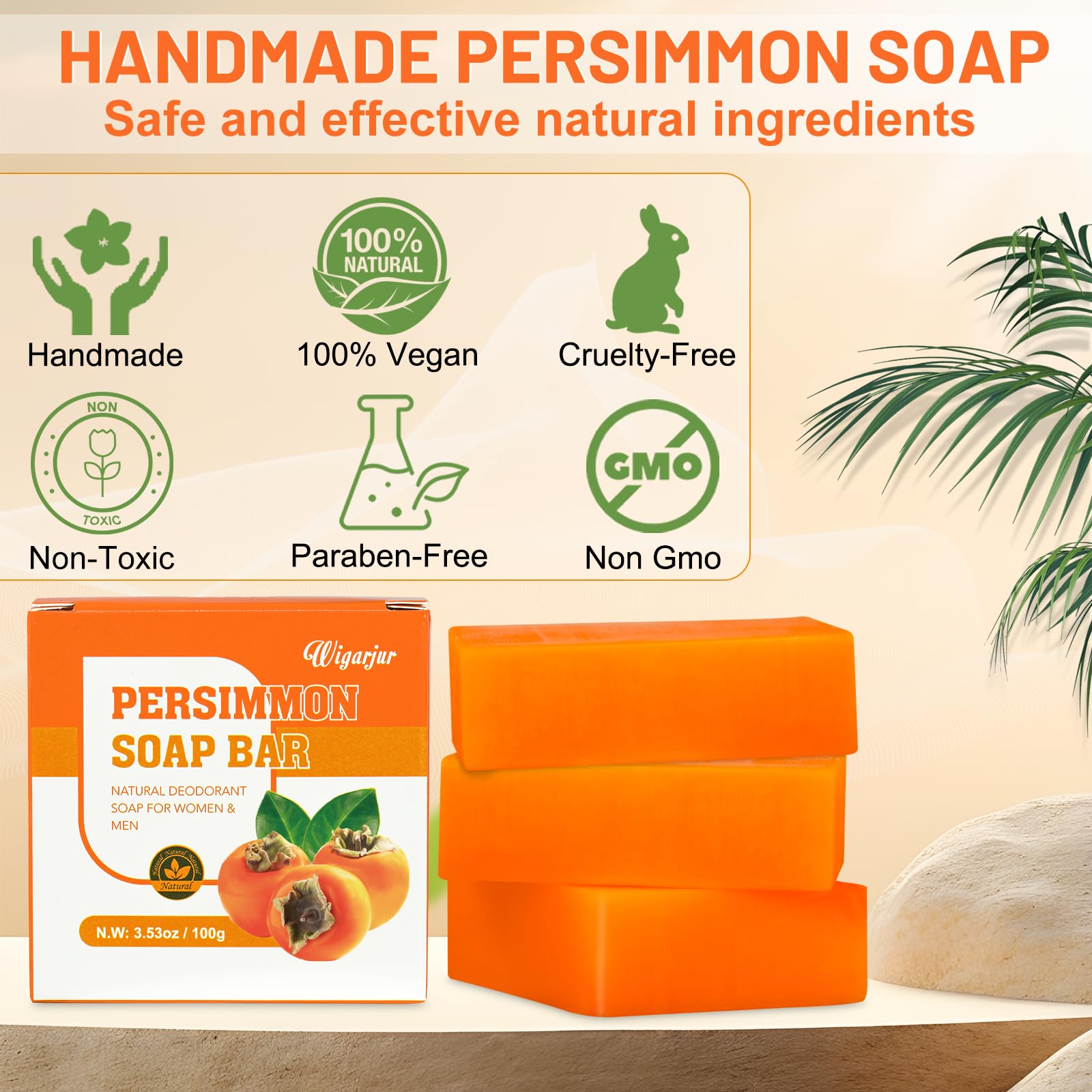 3 PCS Persimmon Soap Bar for Old People Smell, Natural Deodorant Body Face Bar Soap for Body Odor Control, Remove Bad Body Odor, Men & Women Deodorizing, Handmade Body Deeply Cleansing Bar Soap