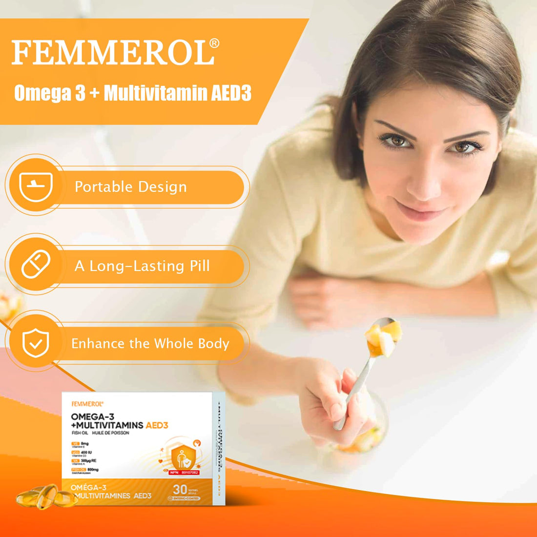 FEMMEROL Multivitamins with Omega-3, Multivitamin for Women and Men, Enteric Coated Fish Oil DHA/EPA with Vitamin A, Vitamin E and Vitamin D3 for Immune Function Support (1 Box_30 Softgels)