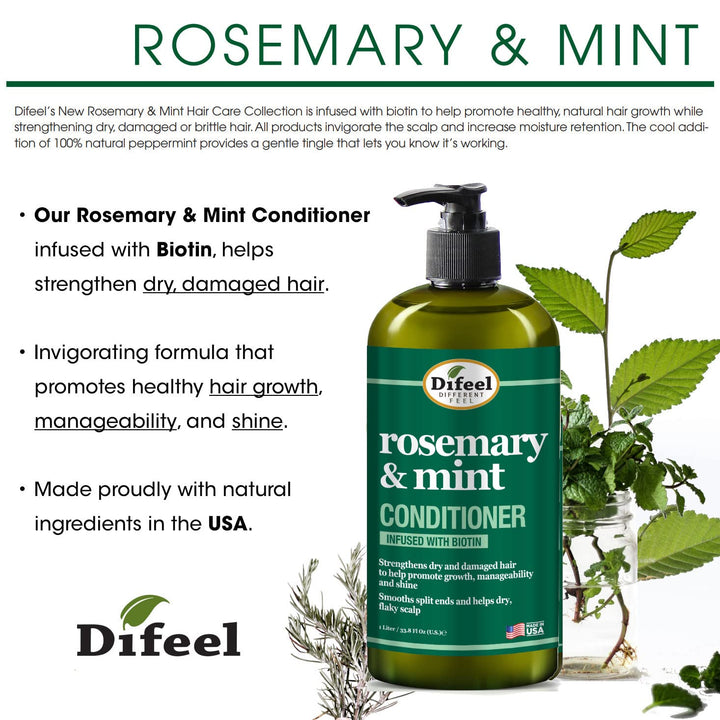 Difeel Rosemary and Mint Hair Strengthening Conditioner with Biotin 33.8 oz. - Made with Natural Rosemary Oil for Hair Growth
