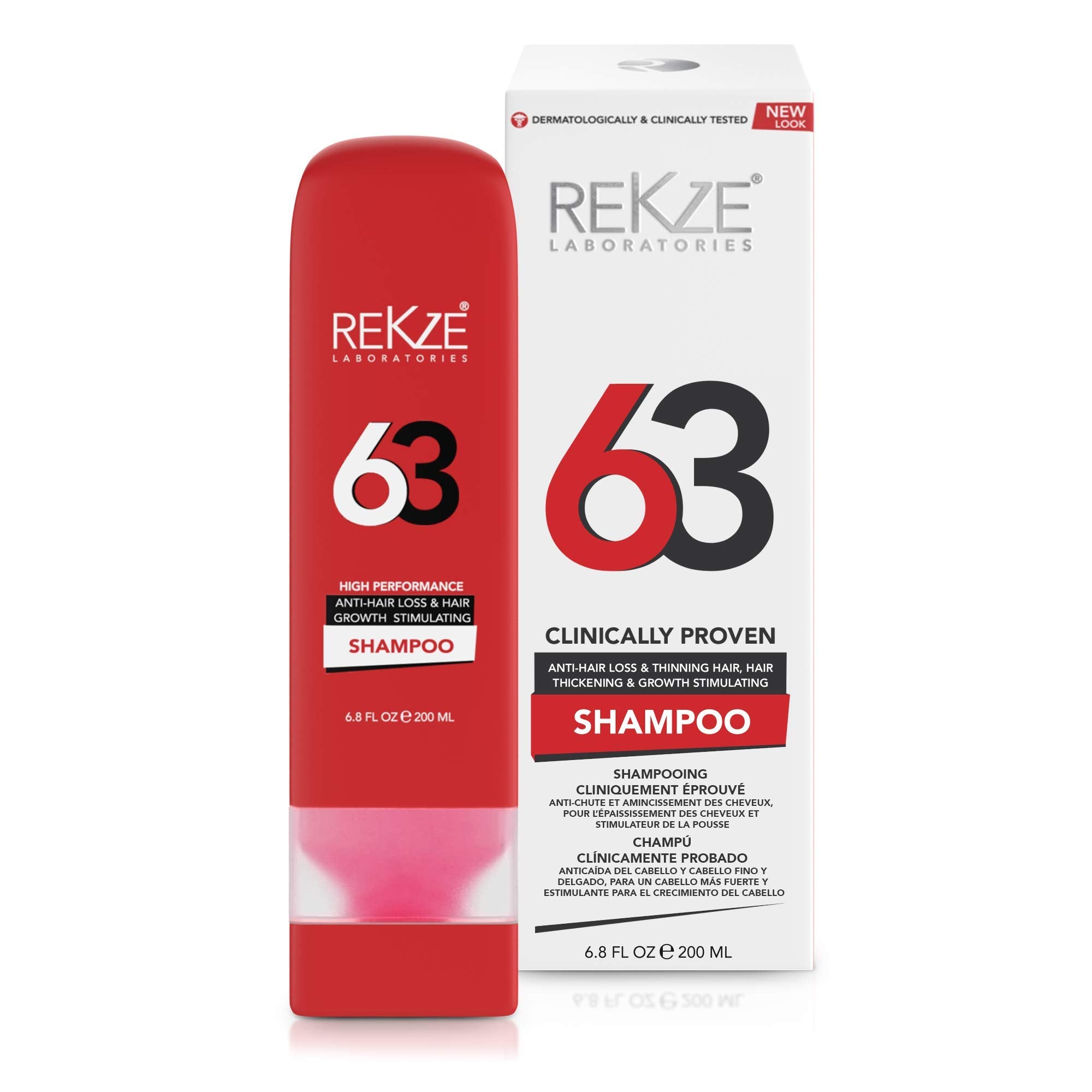 REKZE 63 Hair Growth Shampoo – Clinically Proven Extra Strength Formula with Biotin, Caffeine, Zinc - Regrowth, Thickening Therapy for Men & Women, DHT Blocker Prevents Thinning & Hair Loss