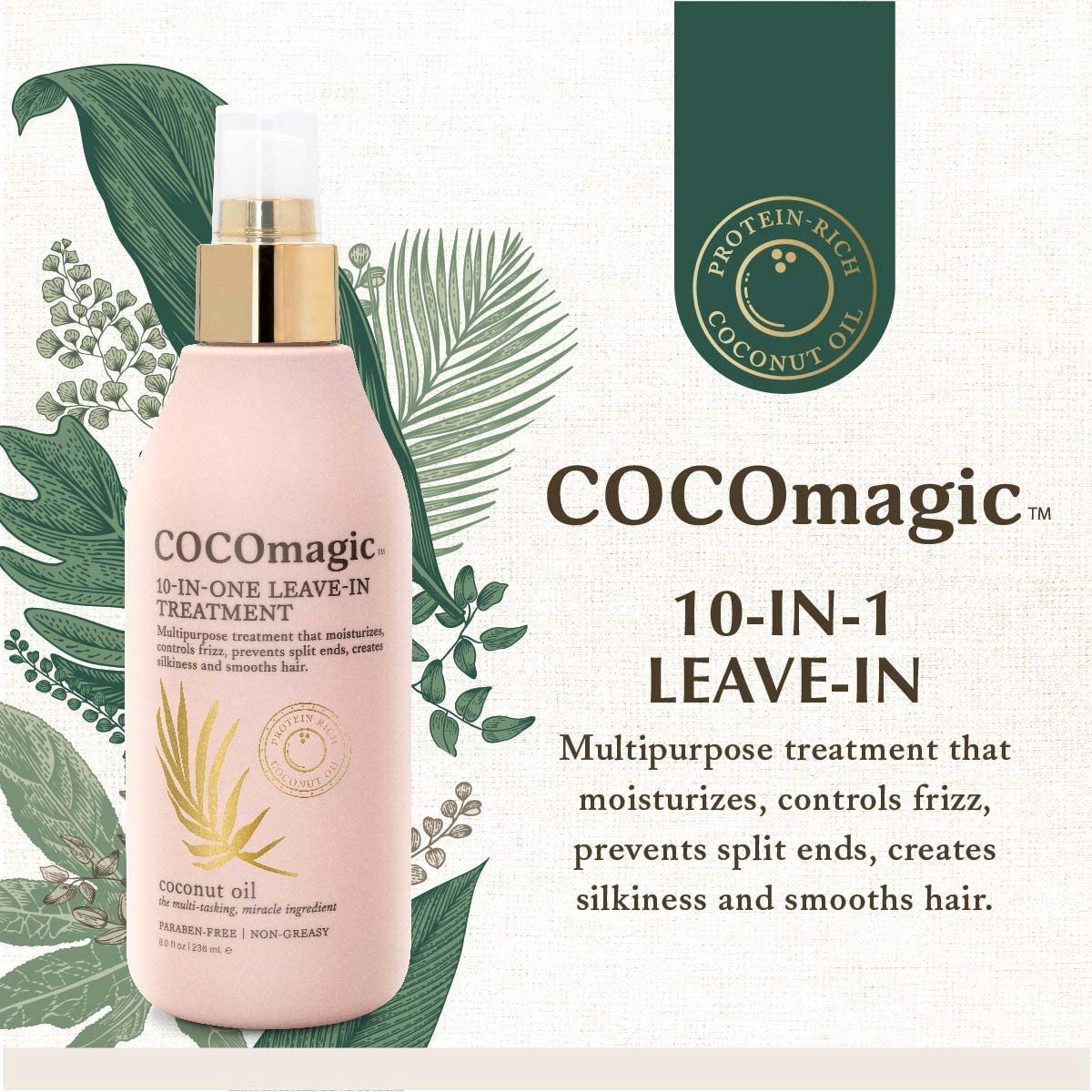 Cocomagic 10-in-1 Leave-in Hair Treatment with Coconut Oil | Hydrate, Detangle, Prevent Frizz | Smooths, Creates Silkiness | Gentle for All Hair Types | Paraben Free, Cruelty Free, Made in USA (8 oz)
