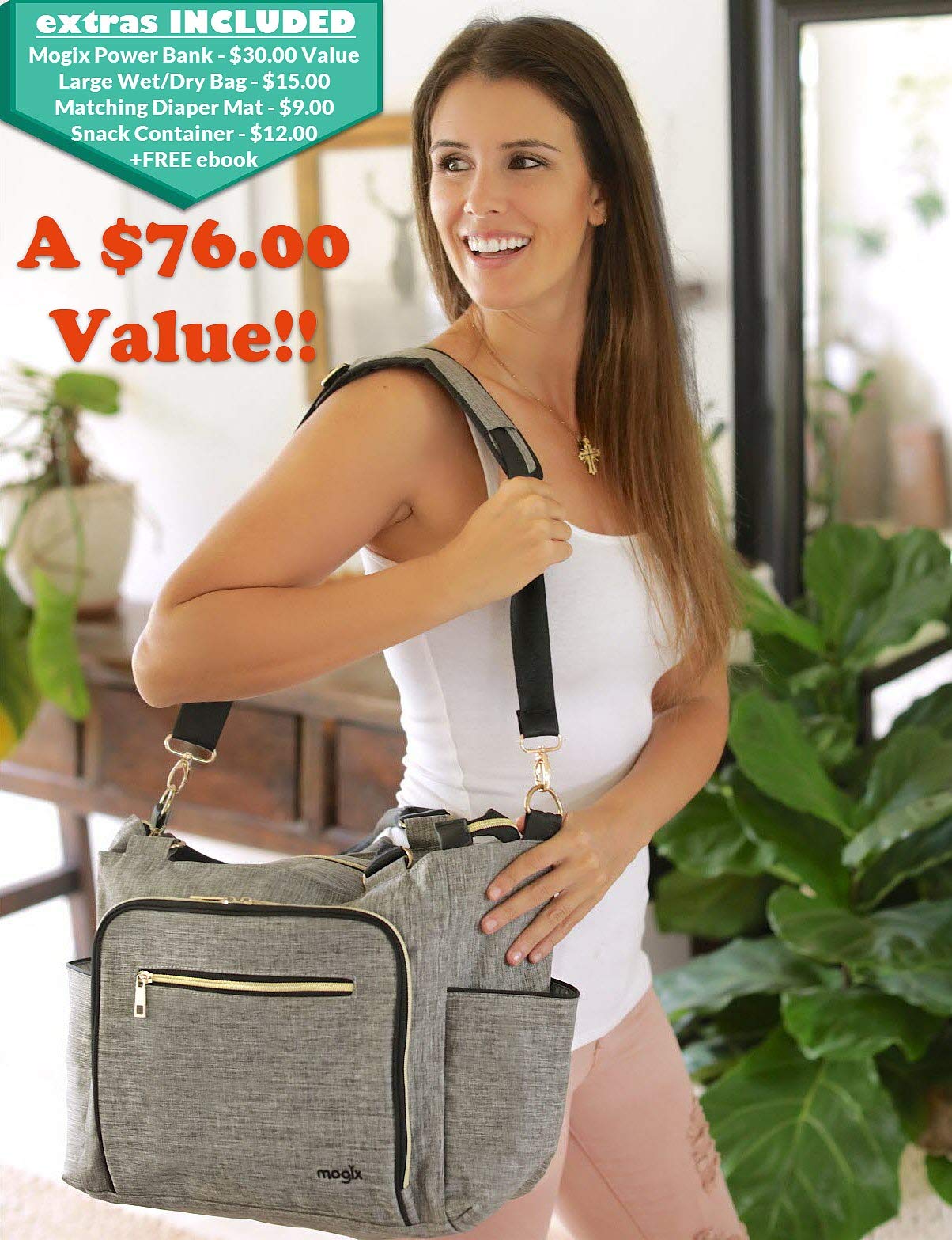 Mogix SMART Baby Diaper Bag with Portable Phone Charger, Changing Pad, Wet Dry Bag, Stackable Snack Container and Power Pack