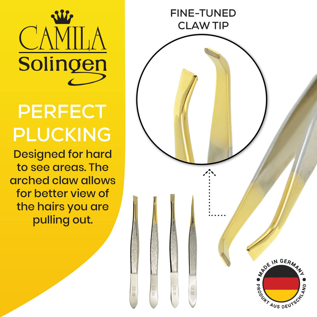 Camila Solingen CS30 3 1/2 Gold Tipped, Surgical Grade, German Stainless Steel Tweezers (Claw).