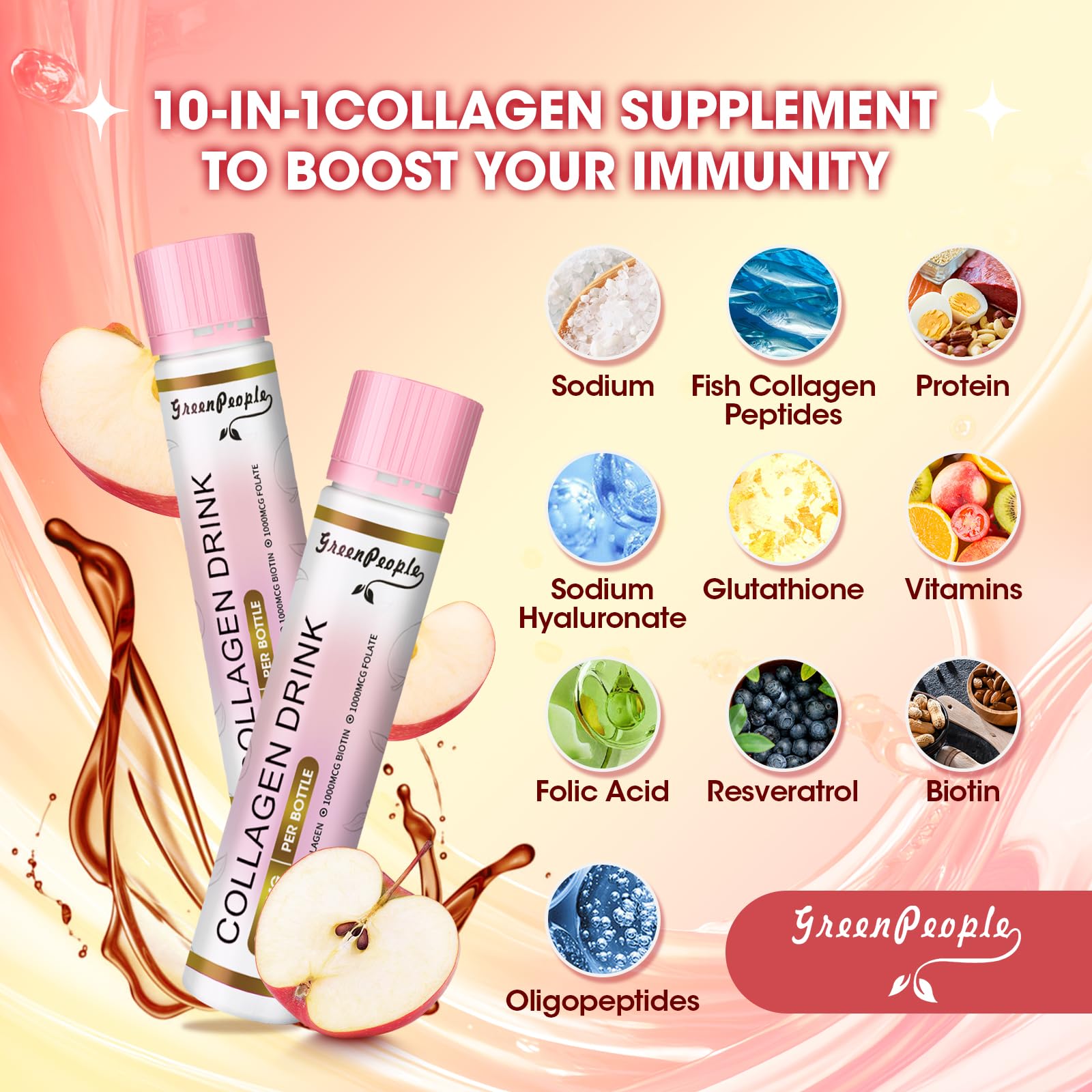 GREENPEOPLE Liquid Collagen for Women & Men, Fish Collagen Peptides + Hyaluronic Acid + Vitamin Bs & C, Hair Skin Nails Joints Bones Support (0.85 fl oz, 10 Bottles, Apple)