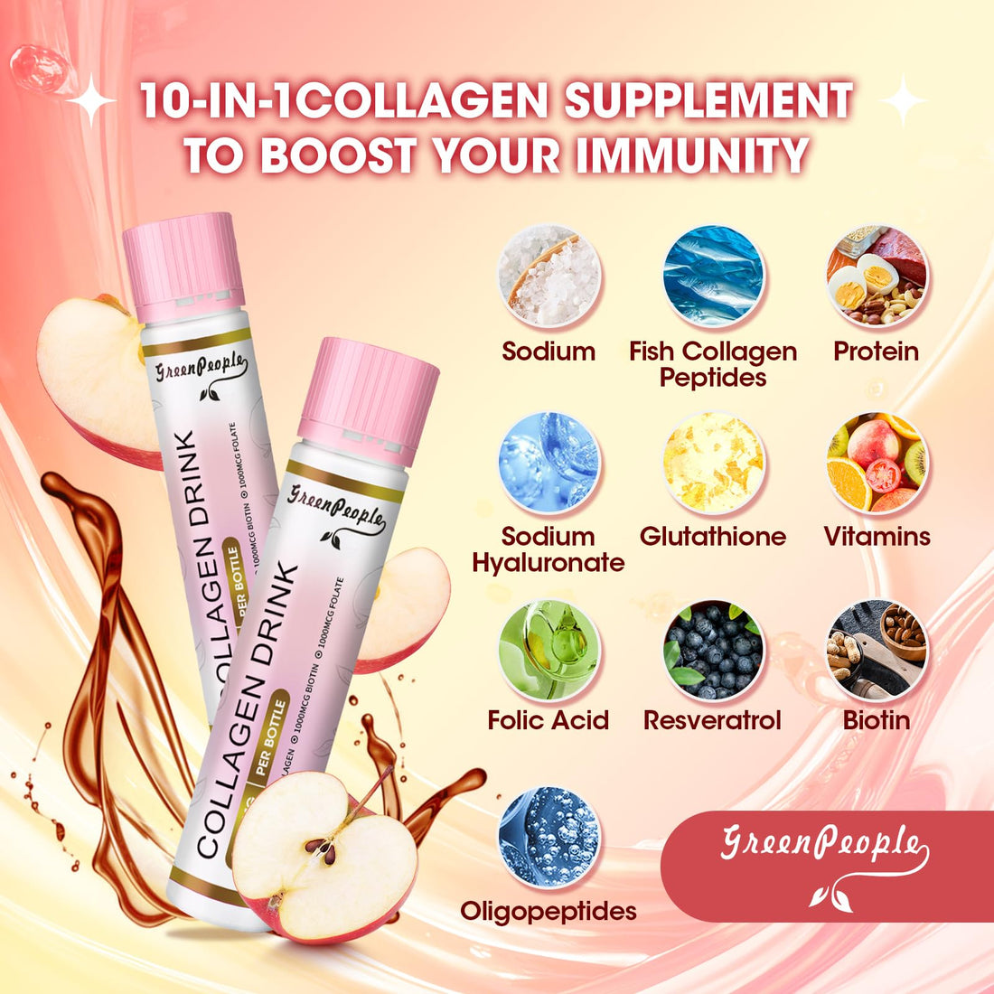 GREENPEOPLE Liquid Collagen for Women & Men, Fish Collagen Peptides + Hyaluronic Acid + Vitamin Bs & C, Hair Skin Nails Joints Bones Support (0.85 fl oz, 10 Bottles, Apple)