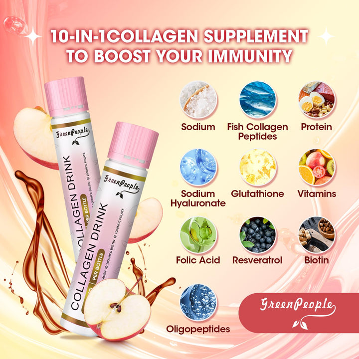 GREENPEOPLE Liquid Collagen for Women & Men, Fish Collagen Peptides + Hyaluronic Acid + Vitamin Bs & C, Hair Skin Nails Joints Bones Support (0.85 fl oz, 10 Bottles, Apple)