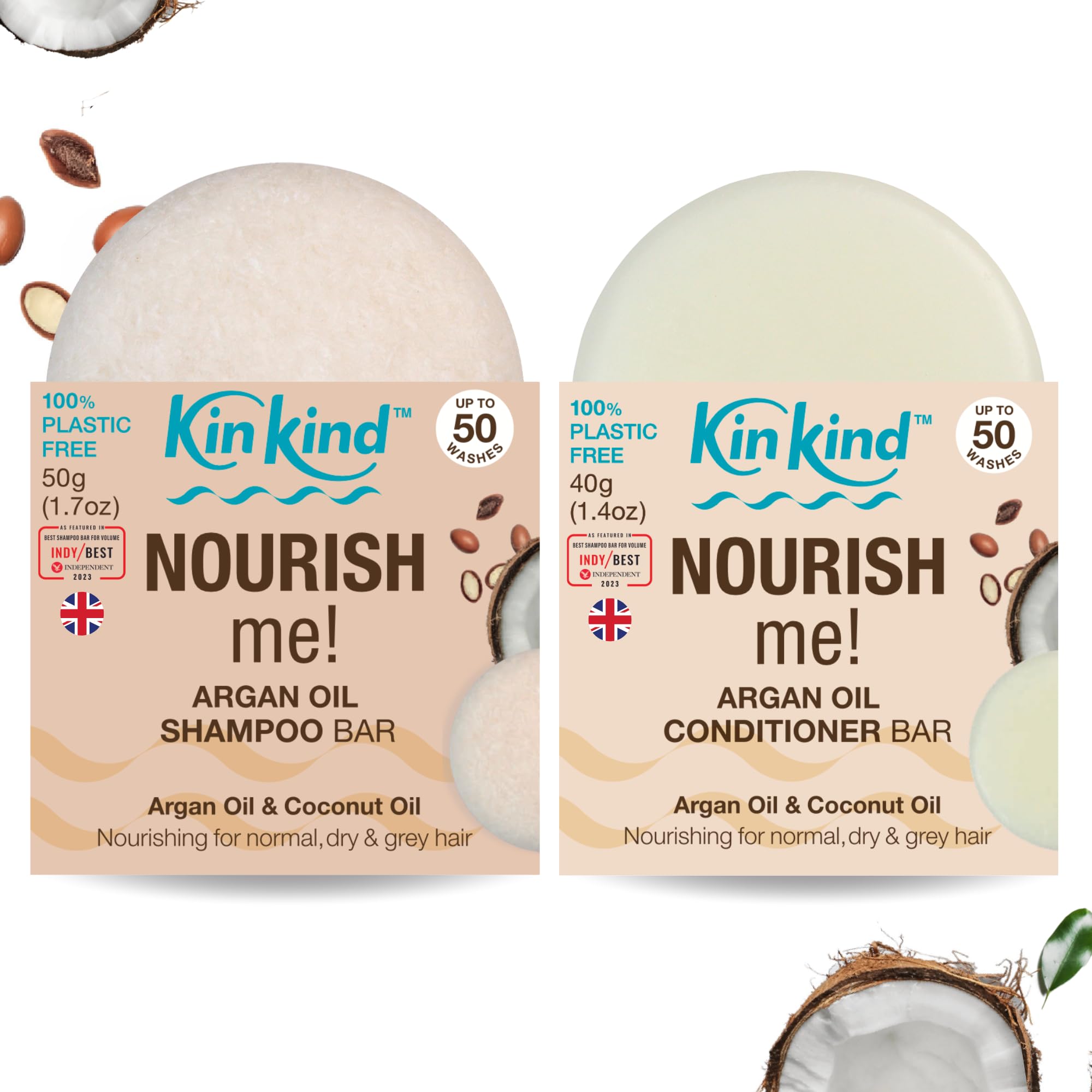 KinKind NOURISH me! Shampoo Bars and Conditioner Set | Argan Oil and Coconut Oil for Hydration & Softness | For normal, dry and grey hair. 50 washes. UK made