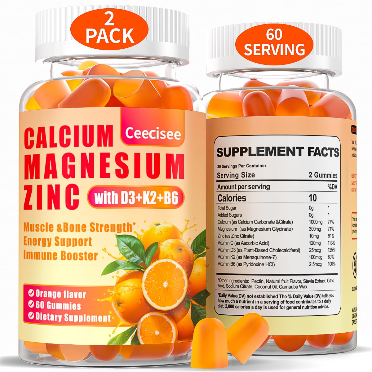 Calcium Magnesium Zinc Gummies with D3 &B6 &K2,1000mg Calcium Gummies with 300mg Magnesium Support Bone & Muscle for Adults and Teens,Sugar Free (60 Count (Pack of 2))